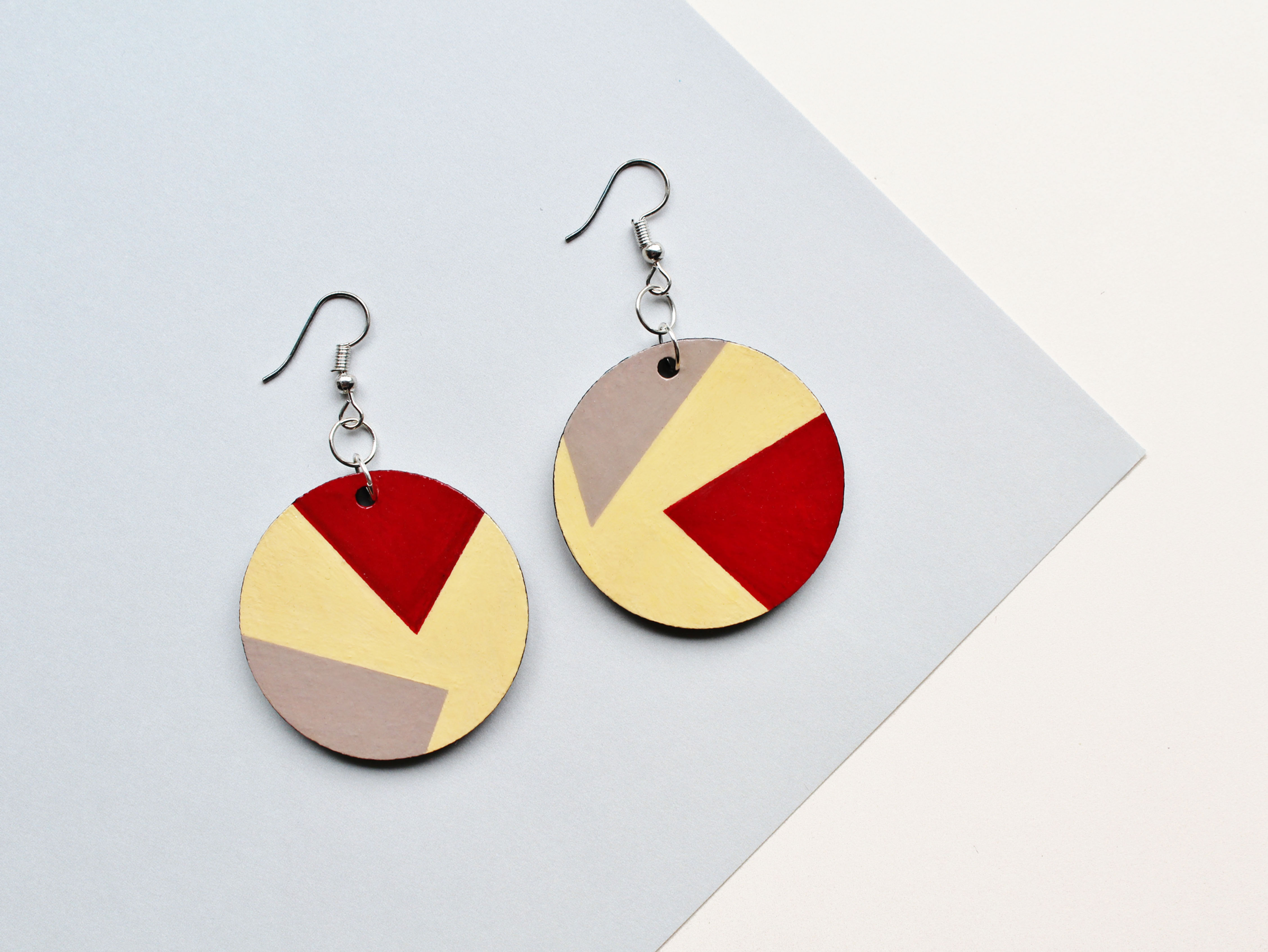Geometric Colour Block Red/Grey/Yellow Circle Earrings