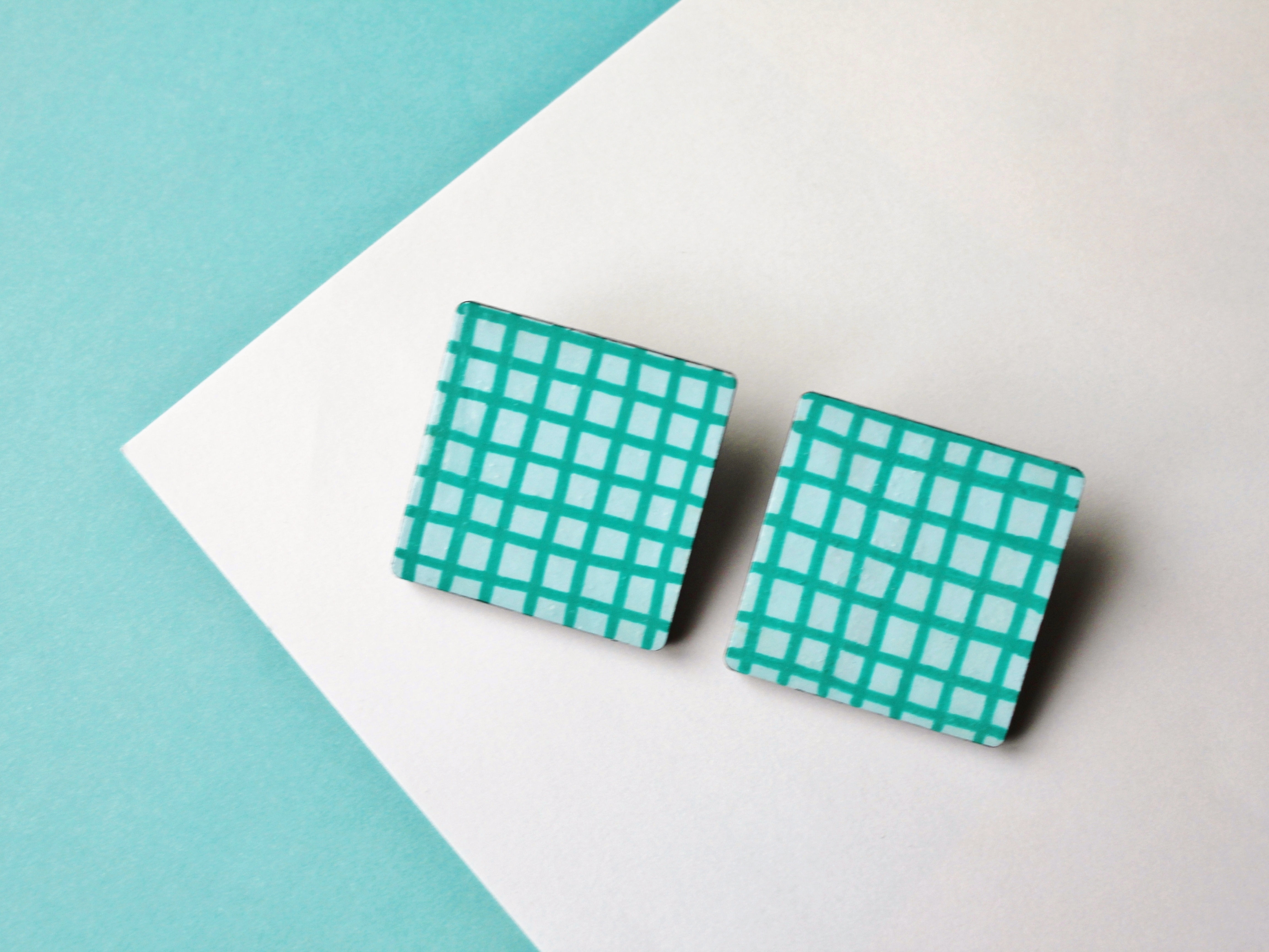Blue and Teal Crisscross Pattern Square Stud Earrings