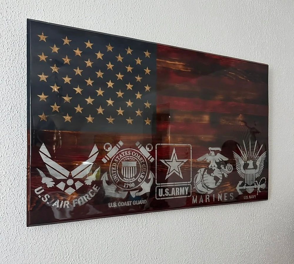 Plaque: American flag, U.S. Air Force, Coast Guard, Army, Marines, Navy