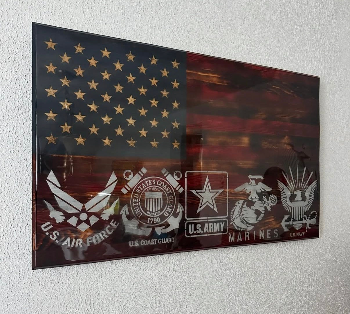 American flag with U.S. military branch emblems