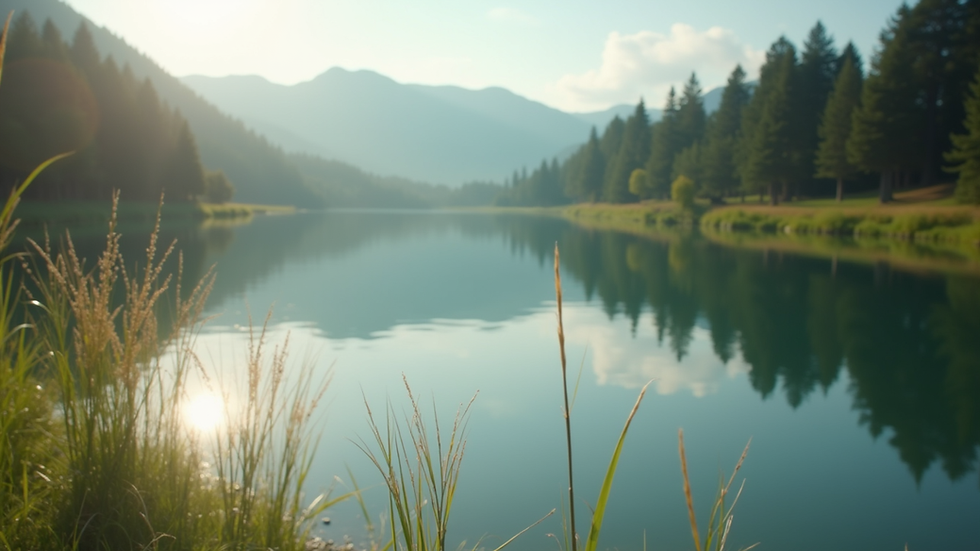 Close-up view of a serene nature scene with a calm lake
