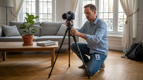 Un photographe s’affaire à mettre en place son studio pour une séance photo.