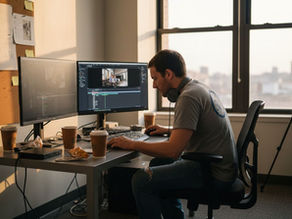 Video editor at desk in busy workspace