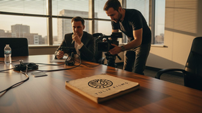 Un vidéaste procède à l’installation de sa caméra dans une salle de réunion.
