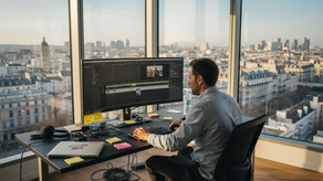 Un monteur vidéo concentré sur son travail, installé à son bureau dans un bureau lumineux.