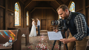 Videographer setting up in rustic wedding chapel