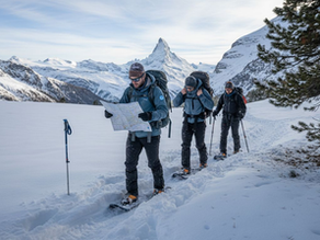 Snowshoe hikers on Swiss Alps trail
