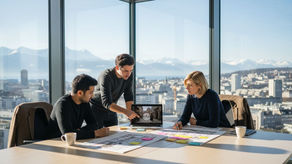 L’équipe se réunit dans les bureaux de Zurich pour organiser le tournage du film d’entreprise.