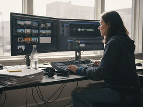 Film editor at workstation in editing suite