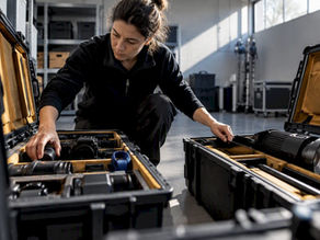 Crew member checking film equipment cases