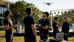 Des professionnels de l’audiovisuel assurent la captation vidéo d’un événement en intérieur.