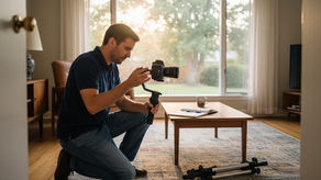 Videographer filming sunlit property interior
