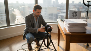 Un réalisateur vidéo en pleine préparation d'une interview dans les locaux de l'entreprise.