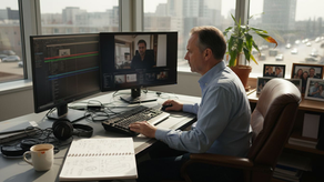 Un monteur vidéo en plein travail dans son bureau, concentré sur le montage d’un nouveau projet.