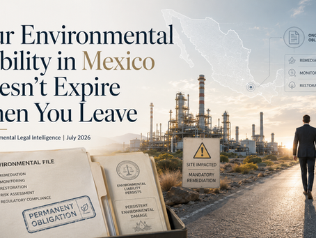 Client alert graphic — Your Environmental Liability in Mexico Doesn't Expire When You Leave: businessman walking away from an industrial refinery site with "Site Impacted, Mandatory Remediation" signage, environmental file folder stamped "Permanent Obligation" showing remediation, monitoring, restoration and regulatory compliance checkmarks, and Mexico map indicating ongoing obligations