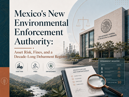 Illustration of Mexico's new federal environmental enforcement authority building, representing asset risk, fines, and the new environmental debarment registry under the pending LGEEPA bill