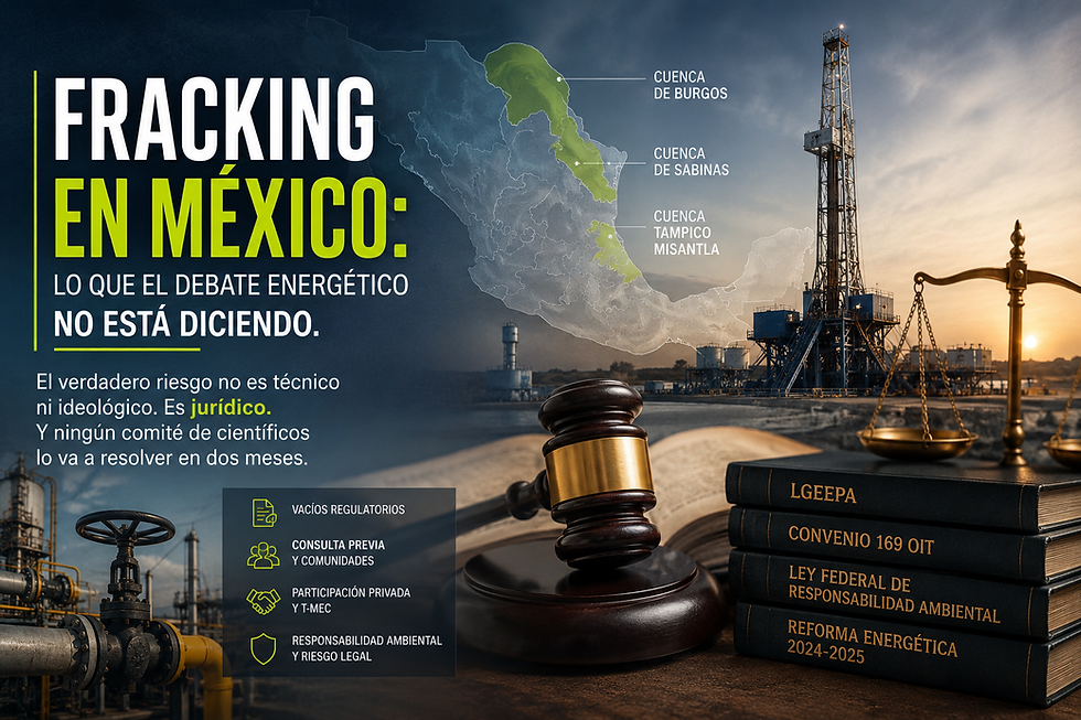 Fracking en México con infraestructura petrolera y referencia al marco jurídico ambiental, destacando el riesgo regulatorio en la extracción de gas no convencional