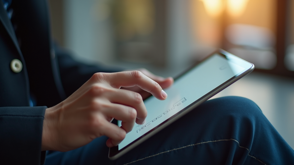 Close-up view of a person reading a product review on a tablet