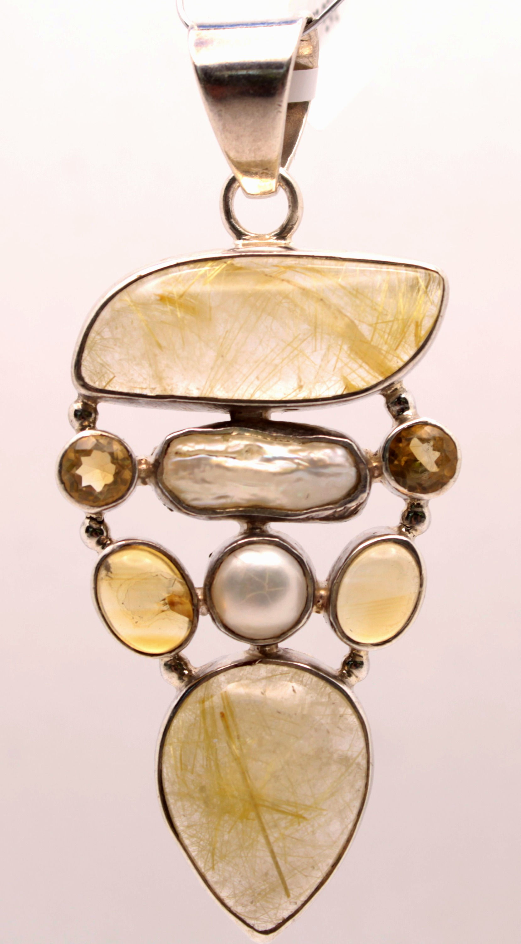 Ruilated Quartz, Citrine, and Pearl Pendant