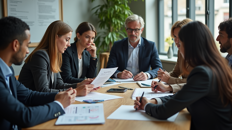 High angle view of a business meeting with diverse professionals discussing strategies