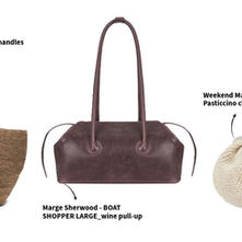 Three bags arranged against a white background: a woven tote with leather handles, a structured dark leather shoulder bag with a long single strap, and a small knitted clutch with a metallic frame clasp.