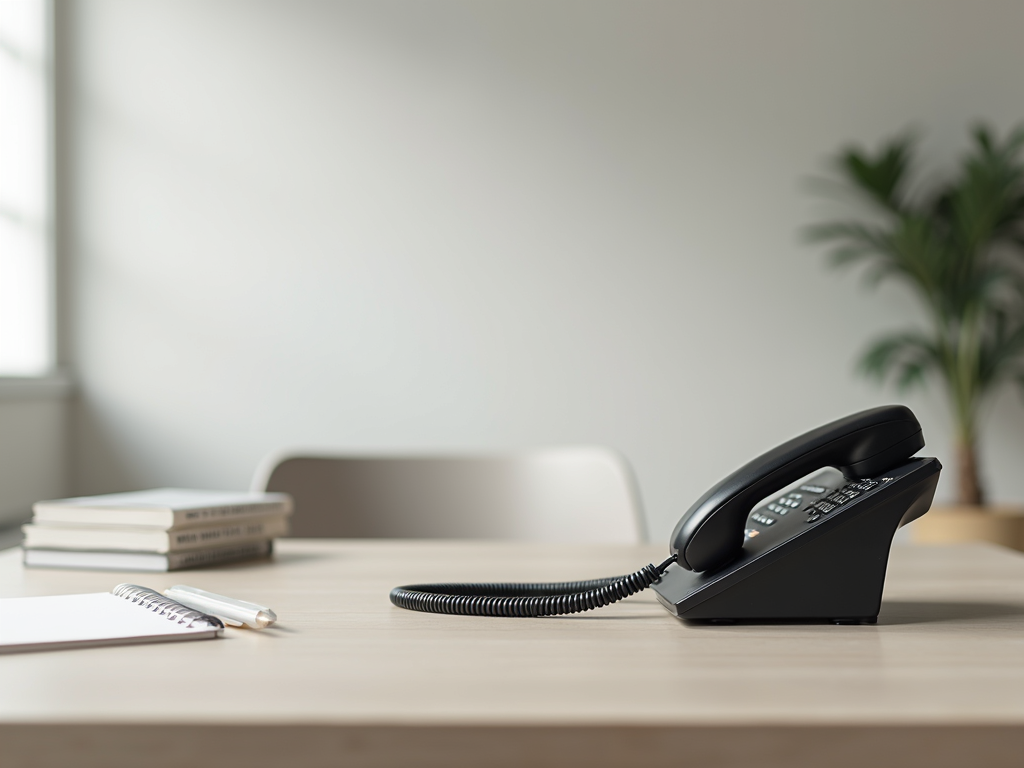 A clean and professional minimalist office desk featuring a modern telephone setup for efficient call handling.