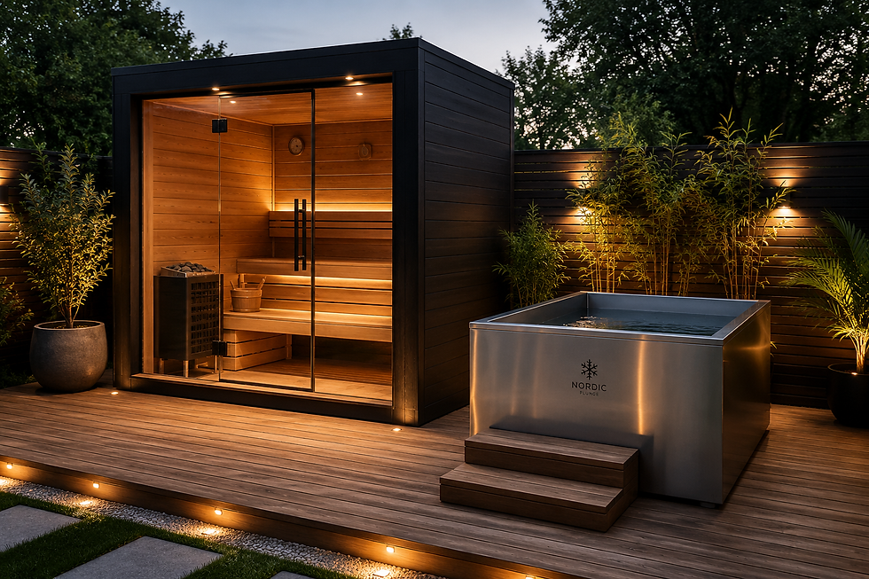 Modern outdoor sauna and cold melt tub