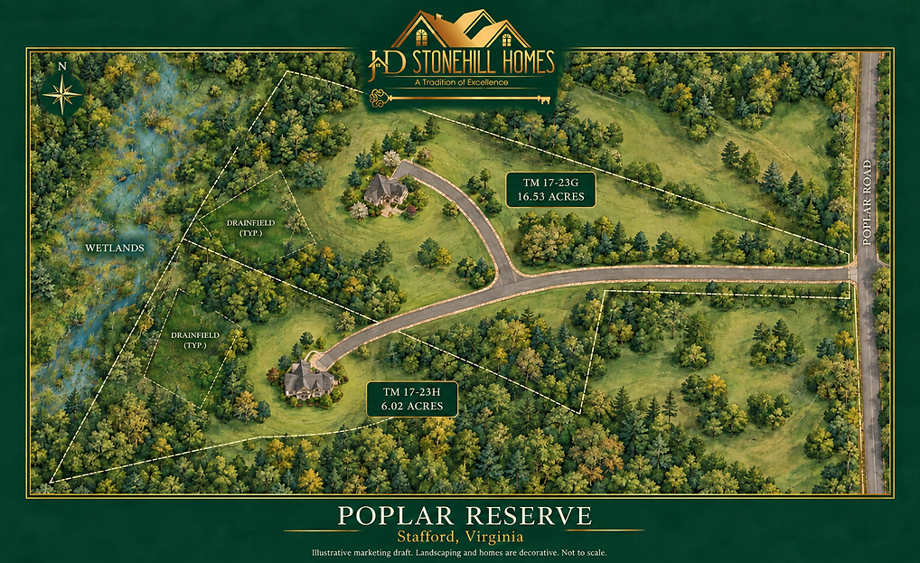 Poplar Reserve site plan showing 6.02-acre and 16.53-acre homesites in Stafford, Virginia.