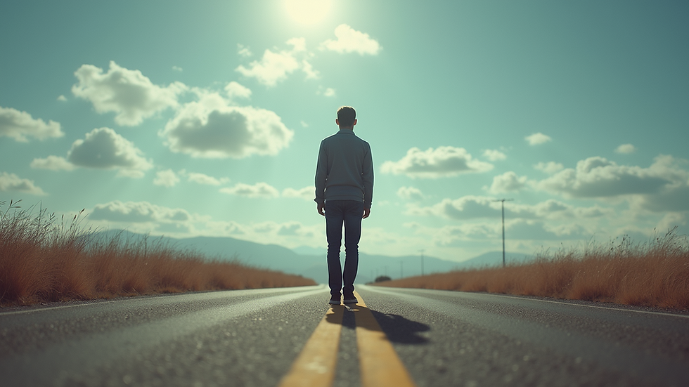 Eye-level view of a person standing at a crossroads, contemplating their choices