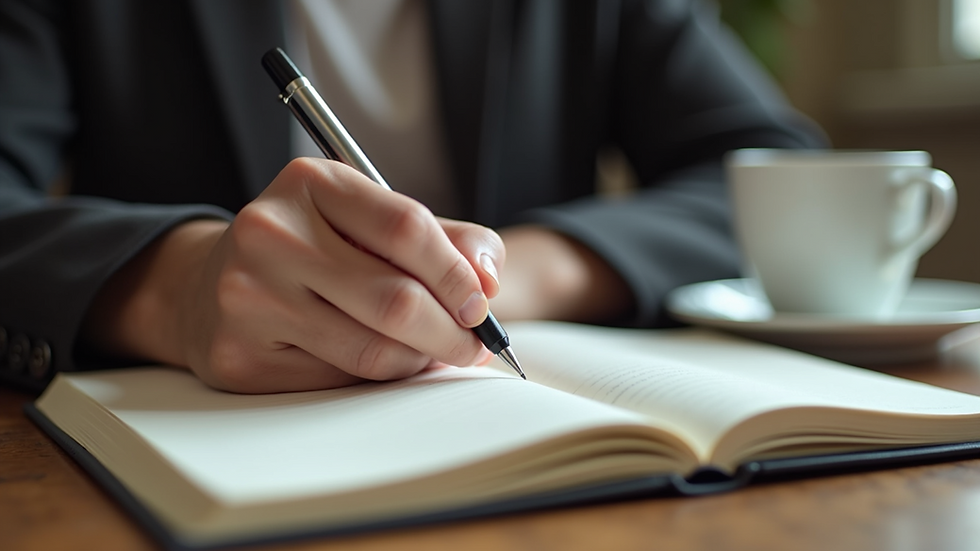 Close-up view of a person writing in a journal with a cup of coffee