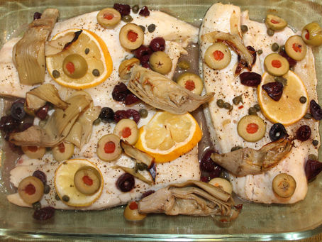 Baked Walleye with Olives, Capers & Artichoke Hearts
