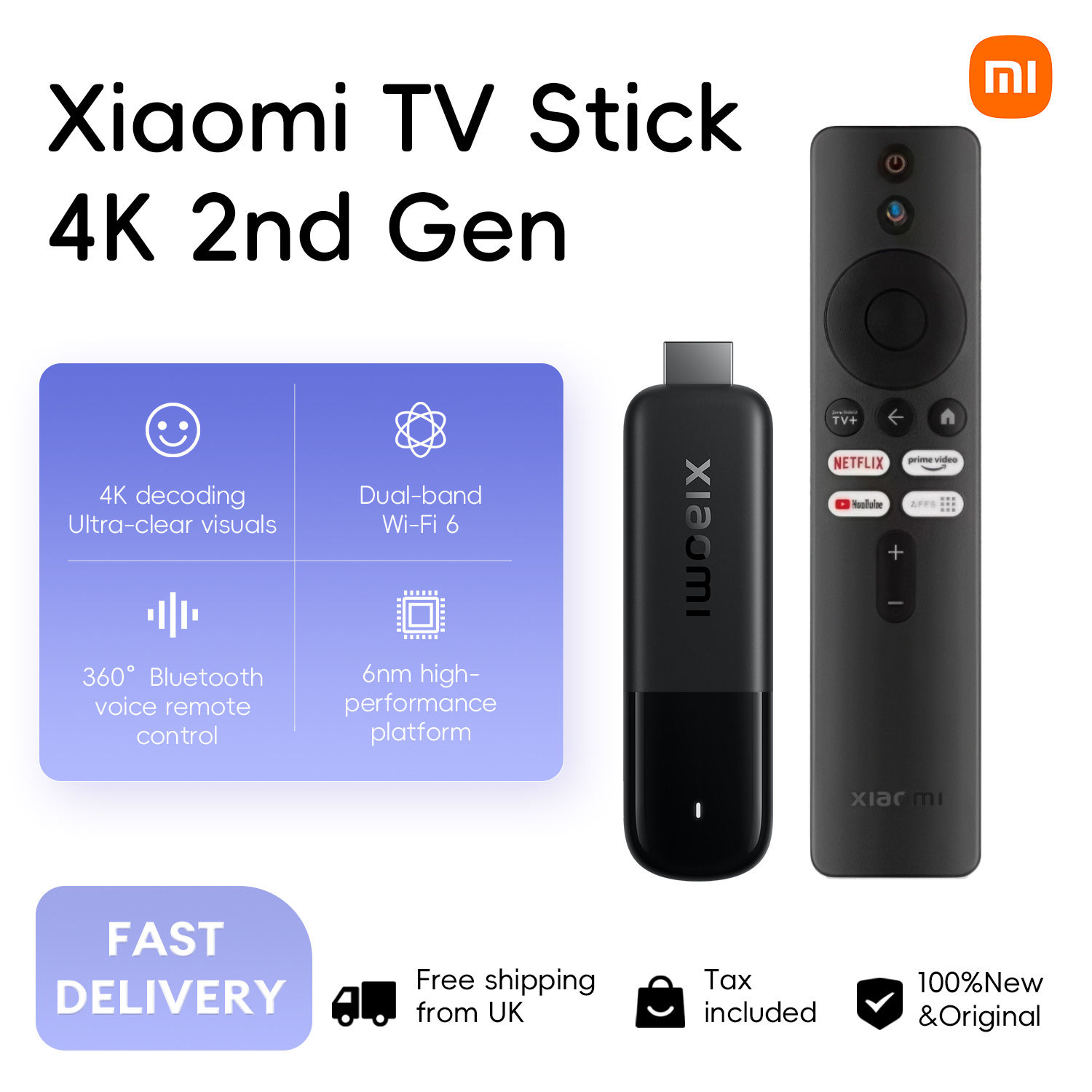 Xiaomi TV Stick 4K (2nd Gen), 4K Decoding Wi-Fi 6 Dolby Vision® & HDR10+ Voice