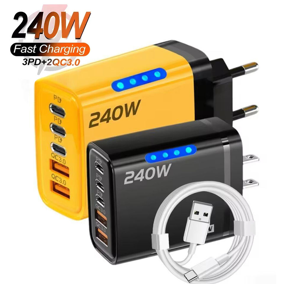 240W 5 in 1 USB C GaN Desktop Charger Fast Charge Phone Adapter 10A Type C Cable