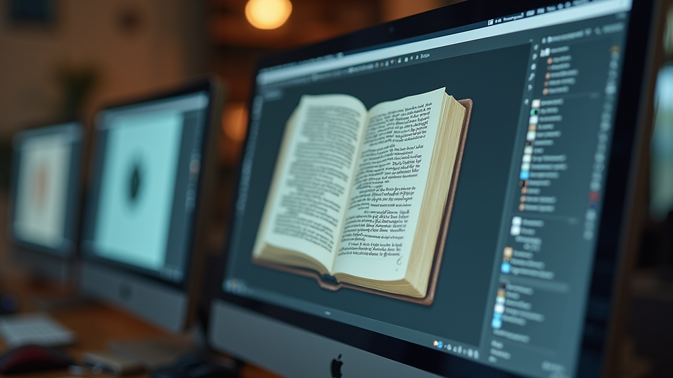 Close-up view of a book cover design process on a computer screen