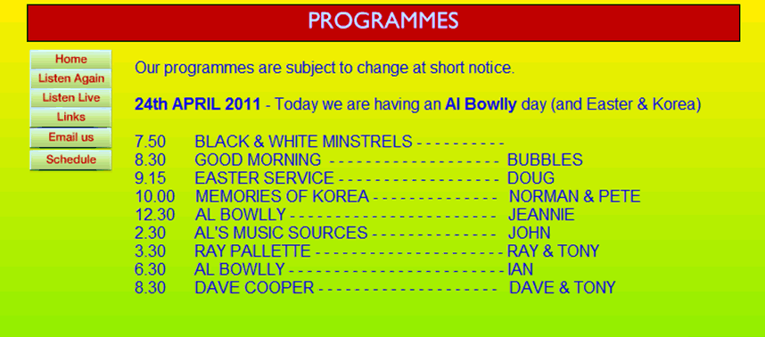 Angel Radio programme list for 24 April 2011