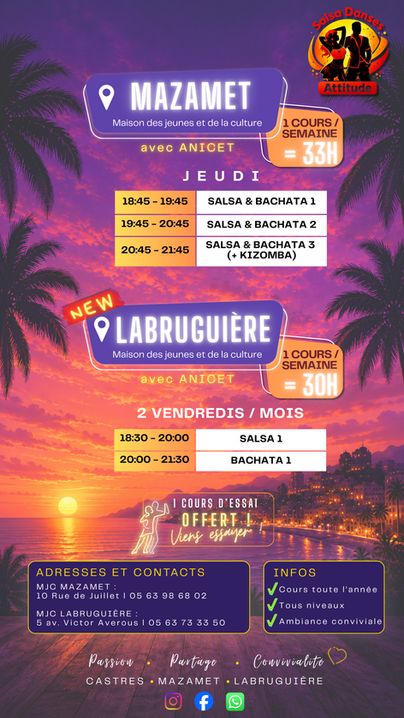 Planning des cours de danse à Castres - Salsa, Bachata, Kizomba, Rock et West Coast Swing