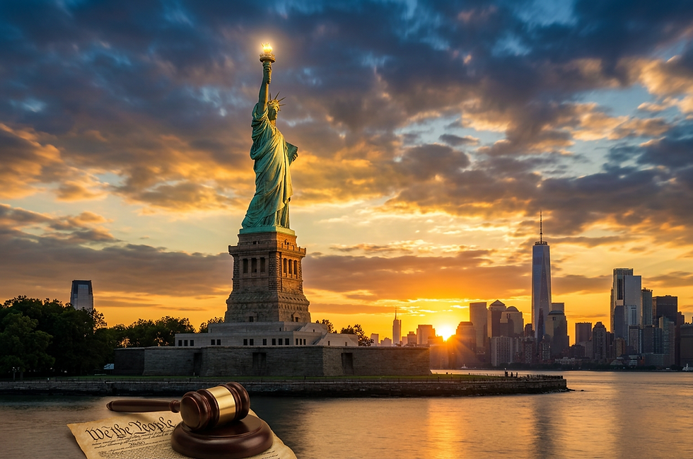 Statue of Liberty at sunset over Manhattan skyline, with a gavel and We the People scroll in the foreground.