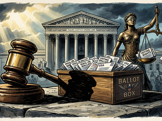 Courthouse scene with gavel, ballot box, Lady Justice, and mail-in ballots; scales read VOTING RIGHTS and THE VOTE.