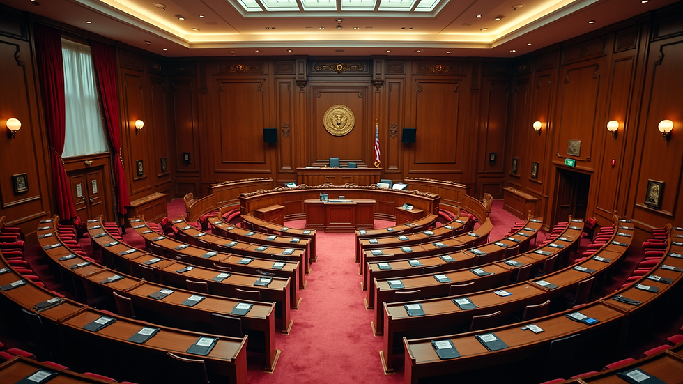 High angle view of a legislative chamber with empty seats
