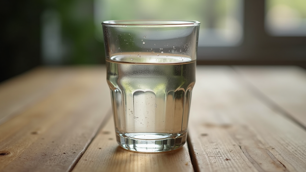 Close-up view of a clear glass of water on a wooden surface