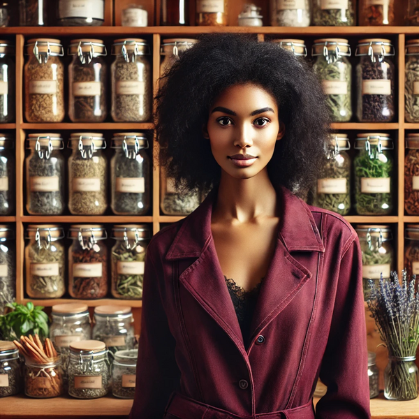 a woman in a purple coat stands in front of jars of spices