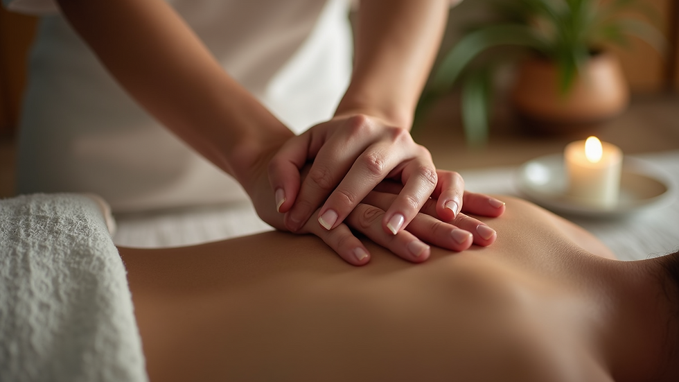 Close-up view of Reiki practitioner’s hands gently hovering over a client