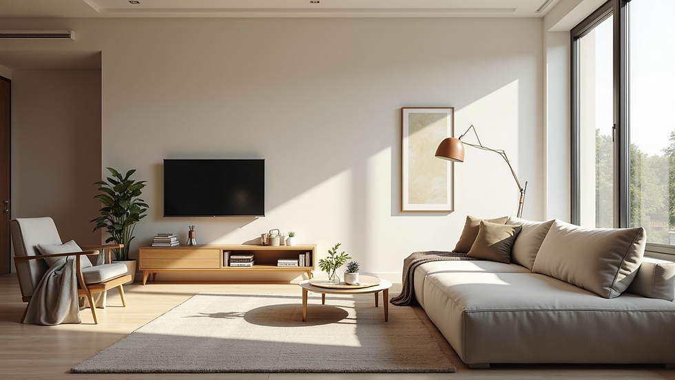 Eye-level view of a modern living room with minimalist furniture and natural light