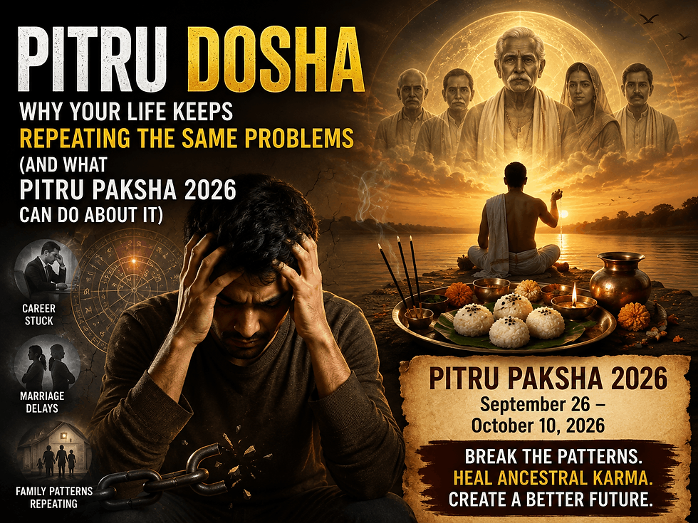 Poster about Pitru Dosha, with a worried man, ancestor figures, and a sunrise ritual by the river. Text: Pitru Paksha 2026.