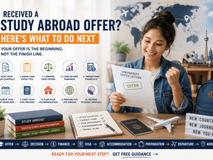 Smiling student holds a university offer letter in a study abroad planning infographic with steps, books, passport, plane, and landmarks
