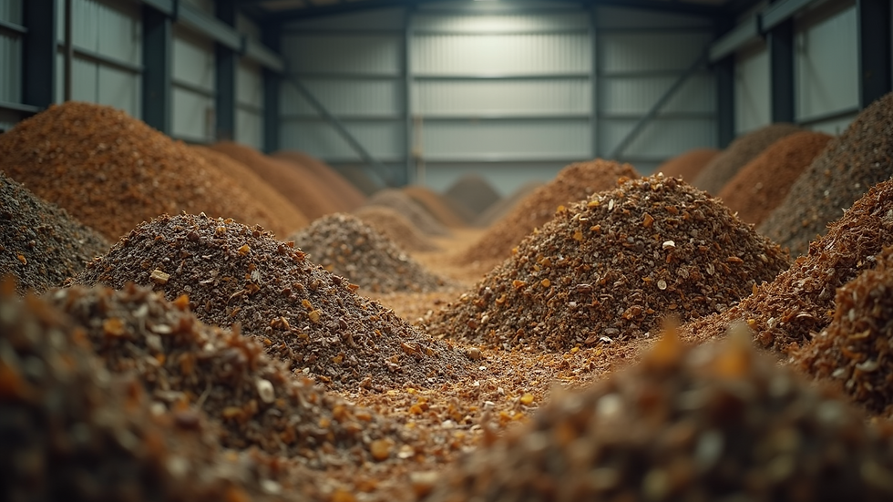 High angle view of a composting facility with various organic materials