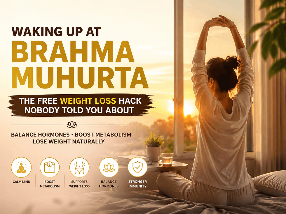 Woman stretching on bed at sunrise beside a window; ad text reads Waking Up at Brahma Muhurta and weight loss hack.