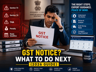 Man in suit looks worried, holding a "GST NOTICE." Texts: "WHAT TO DO NEXT (2026 GUIDE)," "Section 73," "Penalty," and task icons. Desk has binders, laptop.