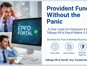 Confused man with tech icons, happy man at desk with "EPFO PORTAL" on screen. Provident Fund guide text and benefits symbols in blue.