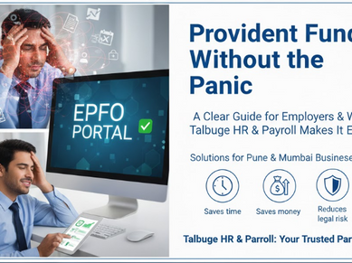 Confused man with tech icons, happy man at desk with "EPFO PORTAL" on screen. Provident Fund guide text and benefits symbols in blue.